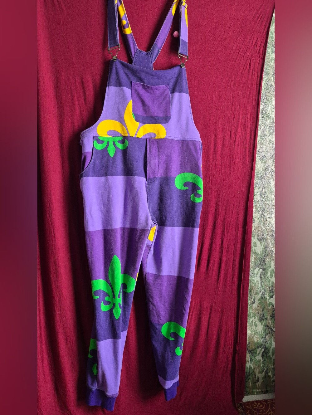 Mardi Gras Fleur De Lis Overalls Purple Gold Striped Jogger Bibs Size XL
